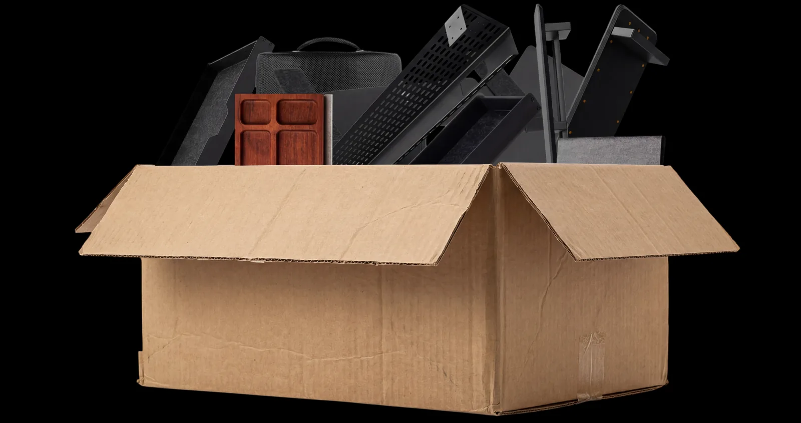 Setups Box da Anma: caixa aberta cheia de acessórios para setup, como suportes, bandejas e organizadores